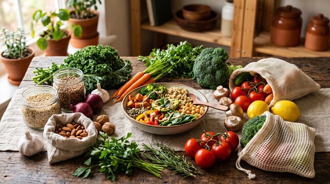 Fresh vegetables and herbs in reusable grocery bags for World Vegan Day  