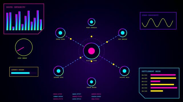 A digital interface demonstrating subscription billing data architecture with neon node connections glowing against a dark atmosphere as information flows through complex network nodes in motion