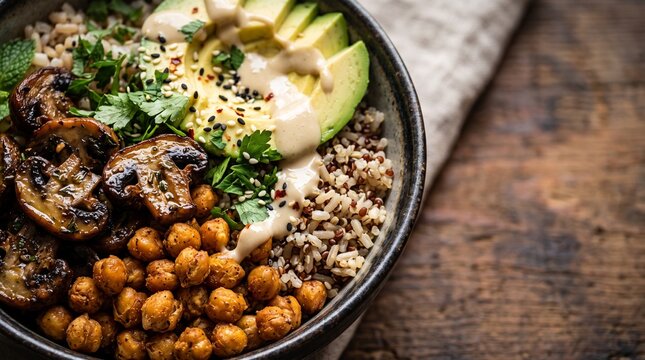 Vegan grain bowl with chickpeas, avocado, and herbs for World Vegan Day  