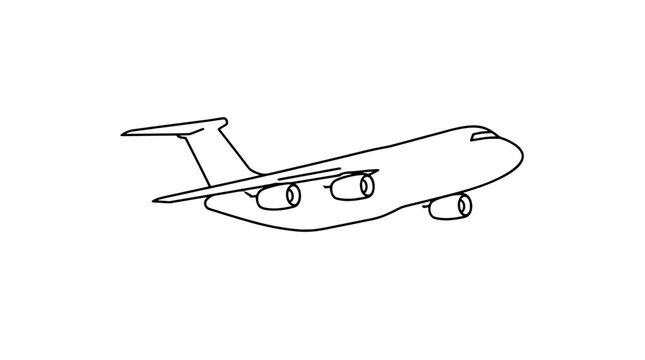 Continuous line vector icon of a four-engine cargo airplane in flight soaring through the sky, minimalist aviation illustration symbolizing air transport, logistics and military airlift operations