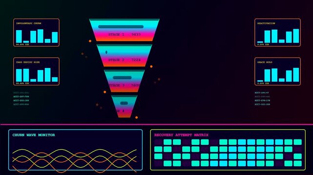Data flow within a subscription billing interface shows animated sales funnels with neon bars and moving line charts on a dark digital display screen