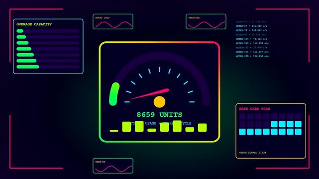 A subscription billing digital interface displays fluctuating data metrics on a dark glowing panel with vibrant neon speedometers and loading bars measuring real time system usage