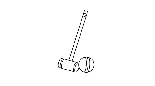 Hand-drawn line art vector icon of a croquet mallet resting against a wooden ball, perfect for sports and leisure themed designs, minimalistic black and white illustration for print and web