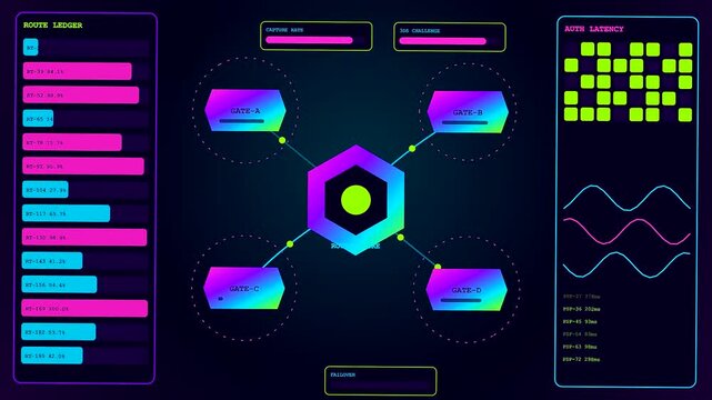 A subscription billing system interface displays glowing neon node structures and analytical data logs floating across a dark screen in this futuristic digital network animation