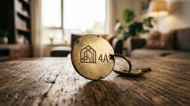 Brass Hotel Key Fob on Wooden Table.
