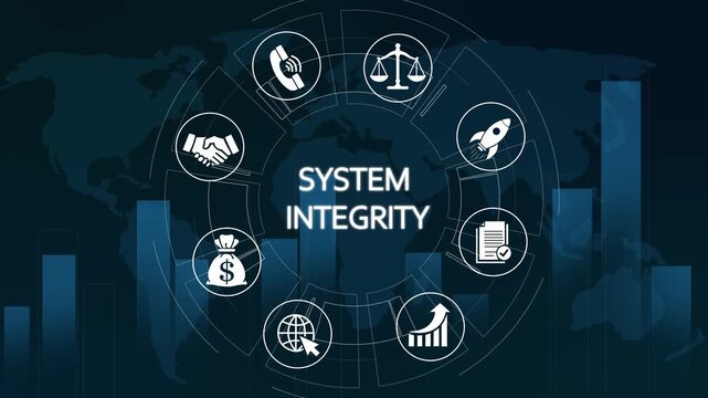 System integrity digital concept with global business icons and data analytics motion digital security