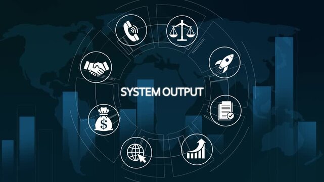 System output digital interface with global business icons and data analytics charts for corporate strategy