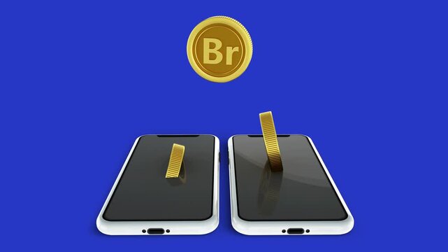 3D animation of Belarusian ruble coins floating and transferring into two smartphone screens on a blue background. Represents mobile banking, online payments, and digital wallet transfers.   