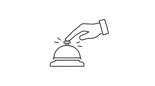 Minimalist line art vector icon of a hand pressing a service bell on a desk, simple black outline illustration representing customer service, hotel reception, call button, ring for assistance concept