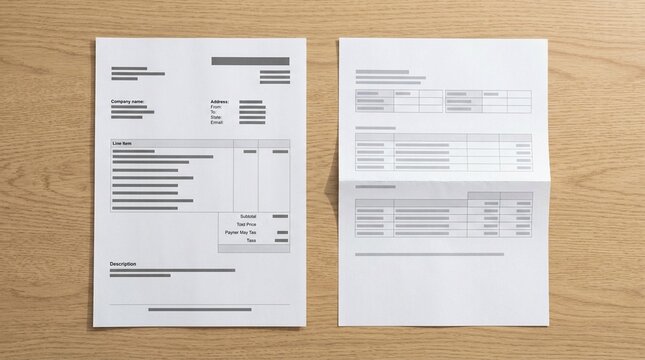 Customer invoice beside a folded partial payment note &ndash; Invoice Management Concept, corporate finance and accounting concept, no people