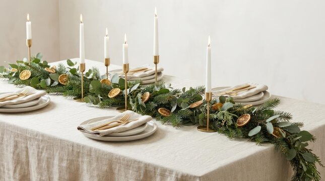 Bright white holiday table setting with evergreen garland.