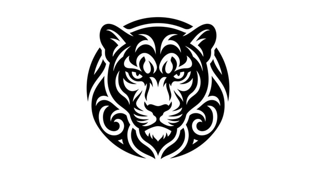 Black and white tribal panther mascot logo design with ornamental circle frame for emblem or tattoo vector illustration