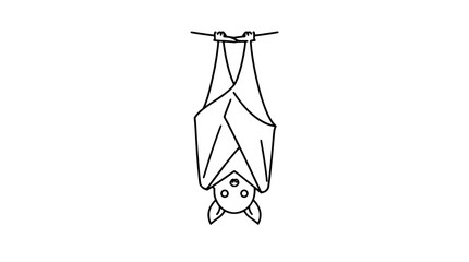 Fototapeta premium Hanging bat with folded wings vector icon, cute cartoon bat illustration, hand-drawn style wildlife animal silhouette, black and white line art, simple graphic design element