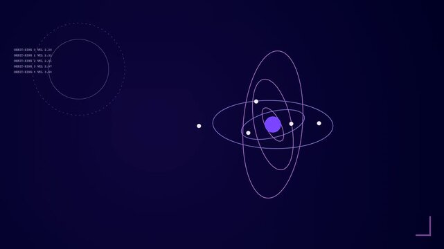 Lattice dynamics are showcased through rotating orbital paths surrounding a central purple sphere in a dark digital space representing complex scientific motion and movement
