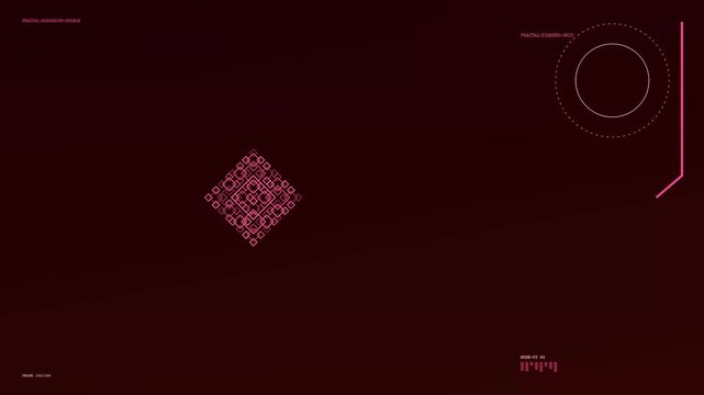 Intricate lattice dynamics form a geometric pattern across a dark maroon interface displaying minimalist digital markers and repeating square symbols moving in a rhythmic looping motion