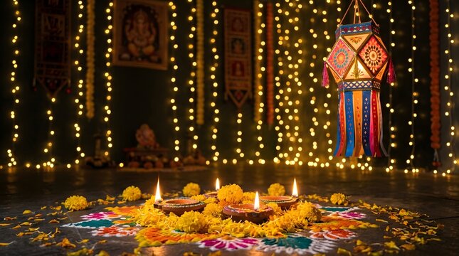 Diwali festive setup with traditional lantern and marigold flowers