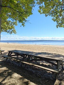 bench on the beach with blue sky