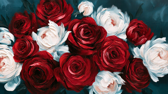 Oil Painting of Red Roses and White Flowers Bouquet