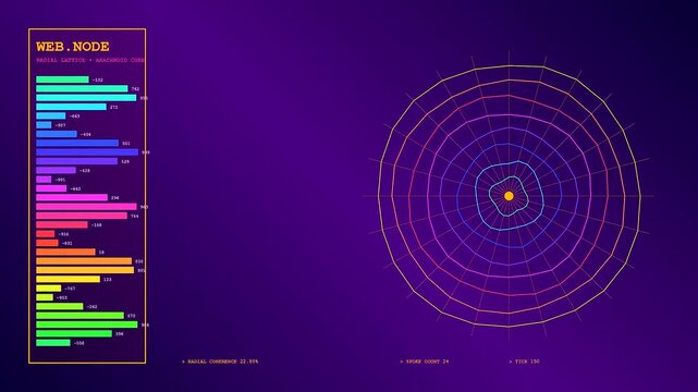 Lattice dynamics are visualized through moving graphical web node elements in this triple panel display presenting complex data streams shifting within a dark purple gradient environment