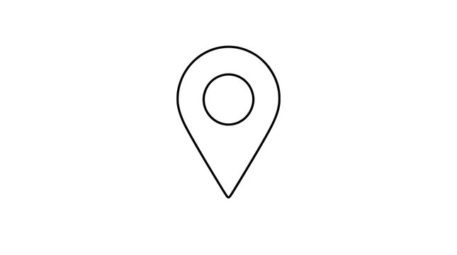 Minimalist location pin icon featuring circular center hole, flat design map marker symbol, GPS navigation point indicator, black outline vector illustration on white background
