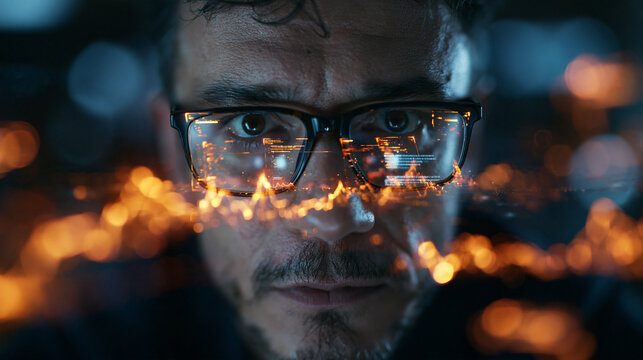 Software Developer Analyzing Code with Digital Interface Reflection