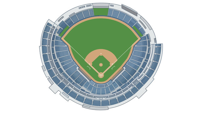 Orthographic top-down view of a professional baseball stadium with a green grass field, dirt infield diamond, and multiple tiers of circular spectator seating areas, vector illustration.