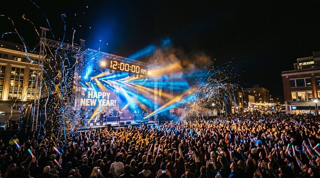 Crowd Celebrating New Year Outdoor Concert at Midnight