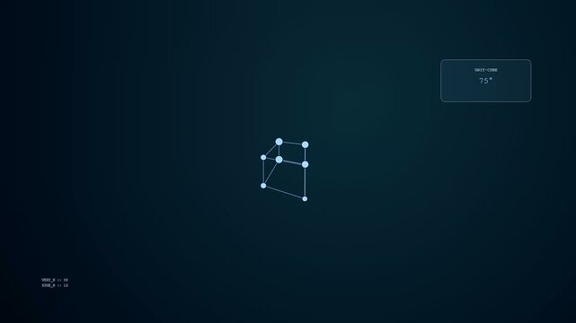 A geometric lattice dynamics visualization shows rotating wireframe nodes interconnected by thin lines glowing on a dark minimalist canvas during a smooth animation cycle process
