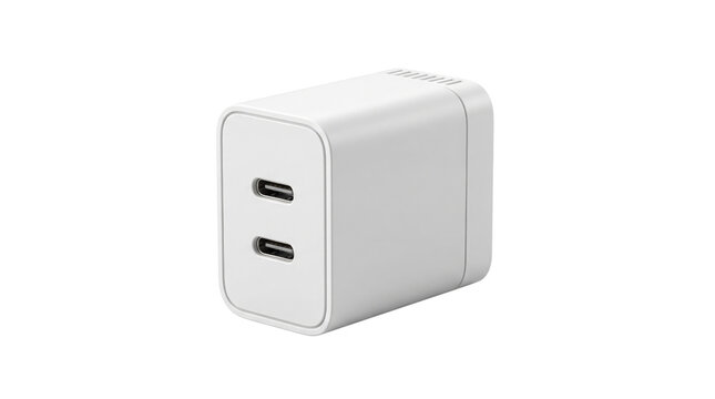 White dual USB-C wall charger, high speed power adapter with two ports, modern electronic charging accessory isolated on white background