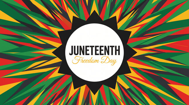Juneteenth freedom day celebration banner features vibrant starburst patterns and typography.