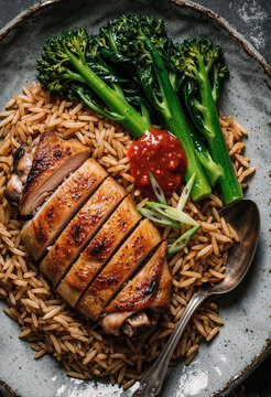 Sliced Roasted Chicken with Seasoned Rice, Broccolini and Red Chili Sauce