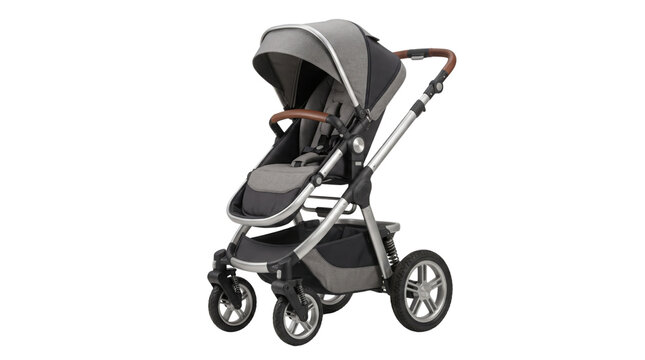 Modern grey baby stroller with brown leather details, premium infant carriage on white background, luxury child pushchair for urban lifestyle