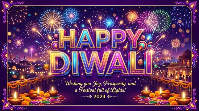 Happy diwali 2024 celebration with fireworks and traditional lamps