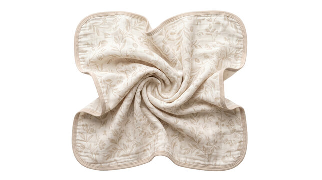 Beige floral patterned baby blanket, soft muslin swaddle cloth with rounded edges, organic cotton textile for nursery and infant care