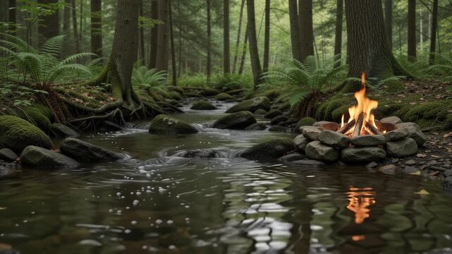 A warm campfire burns brightly beside a rushing river flowing through a lush green wilderness where tall trees and ferns create a tranquil haven for travelers resting during their long journey