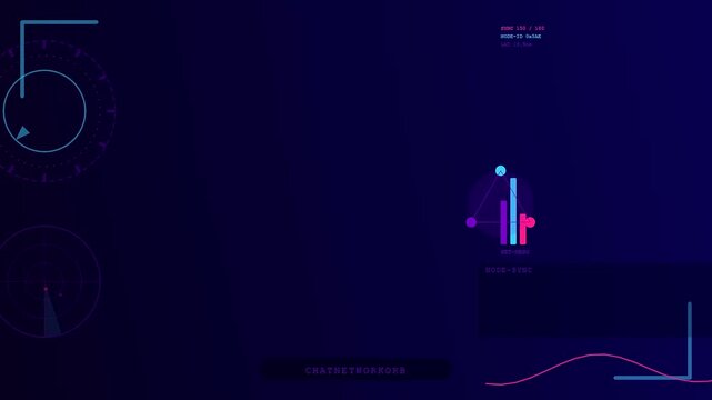 Digital displays showing complex livestream telemetry data with glowing purple circular radar graphs and colorful bar charts evolving against a dark blue gradient atmospheric virtual interface