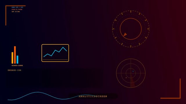 Digital graphics display showing livestream telemetry with glowing orange interface elements and analytical charts moving across a dark red gradient backdrop in a modern software simulation frame
