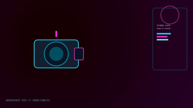 This dark digital interface displays livestream telemetry data showing active nodes and camera status indicators across a glowing neon grid for professional broadcast production feeds