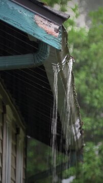 Rain gutter overflowing low angle vertical