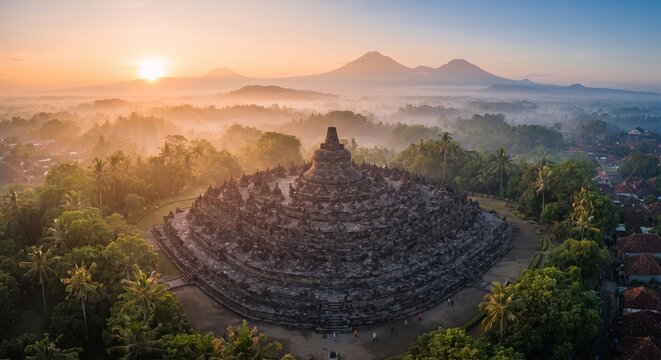 Majestic aerial sunrise view of an ancient stone Buddhist temple complex surrounded by lush tropical forests and distant mountains with misty morning light.