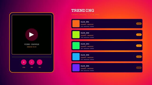 Interactive livestream telemetry displays showing colorful video player modules with trending feed metrics inside a dark digital dashboard interface for modern media broadcasting analytics platforms