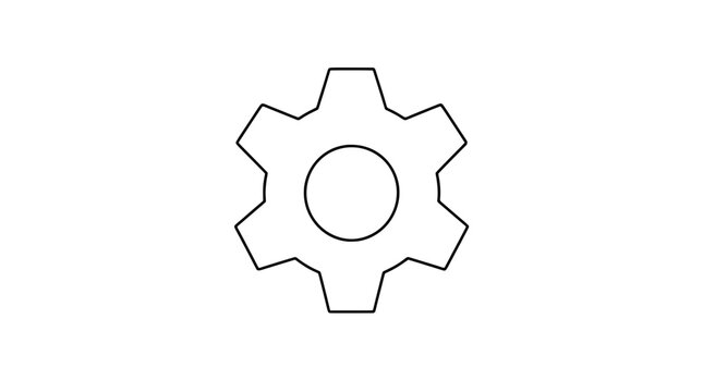 Black and white vector illustration of a mechanical cog gear with six teeth and central hole, minimalist industrial icon representing engineering, machinery and technology on white background