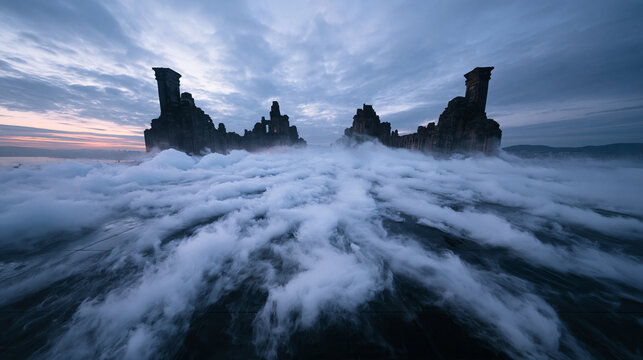 Mystical Ancient Ruins Surrounded by Flowing Mist at Twilight