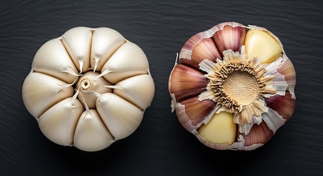 Fresh garlic bulbs top view on black wooden background with vegetable, aromatic