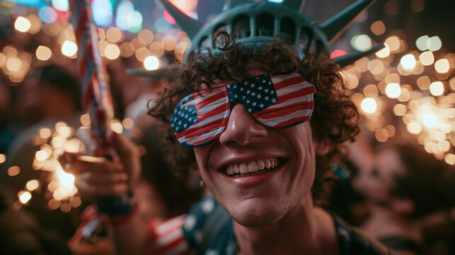 Cheerful Man Celebrating Fourth of July with Sparklers