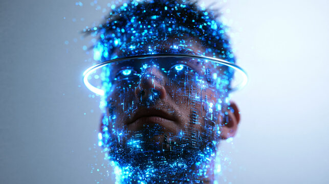 Futuristic Man with Glowing Cybernetic Interface and Digital Visor