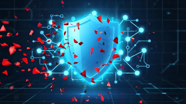 glowing digital shield deflects red fragmented cyber attack in virtual cyberspace environment characterized by an intricate illuminated blue data network grid in the background