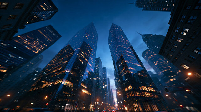 Skyscrapers in Modern Financial District at Night
