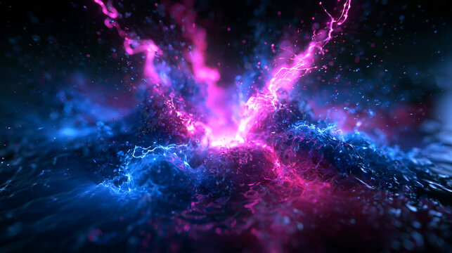 Abstract Neon Energy Explosion with Lightning and Water Splash