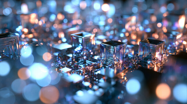 Abstract Quantum Computing Microchip with Crystal Cubes and Bokeh